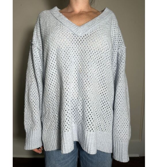 Aerie Baby Blue V Neck Eyelet Sweater Size XL - Picture 1 of 4